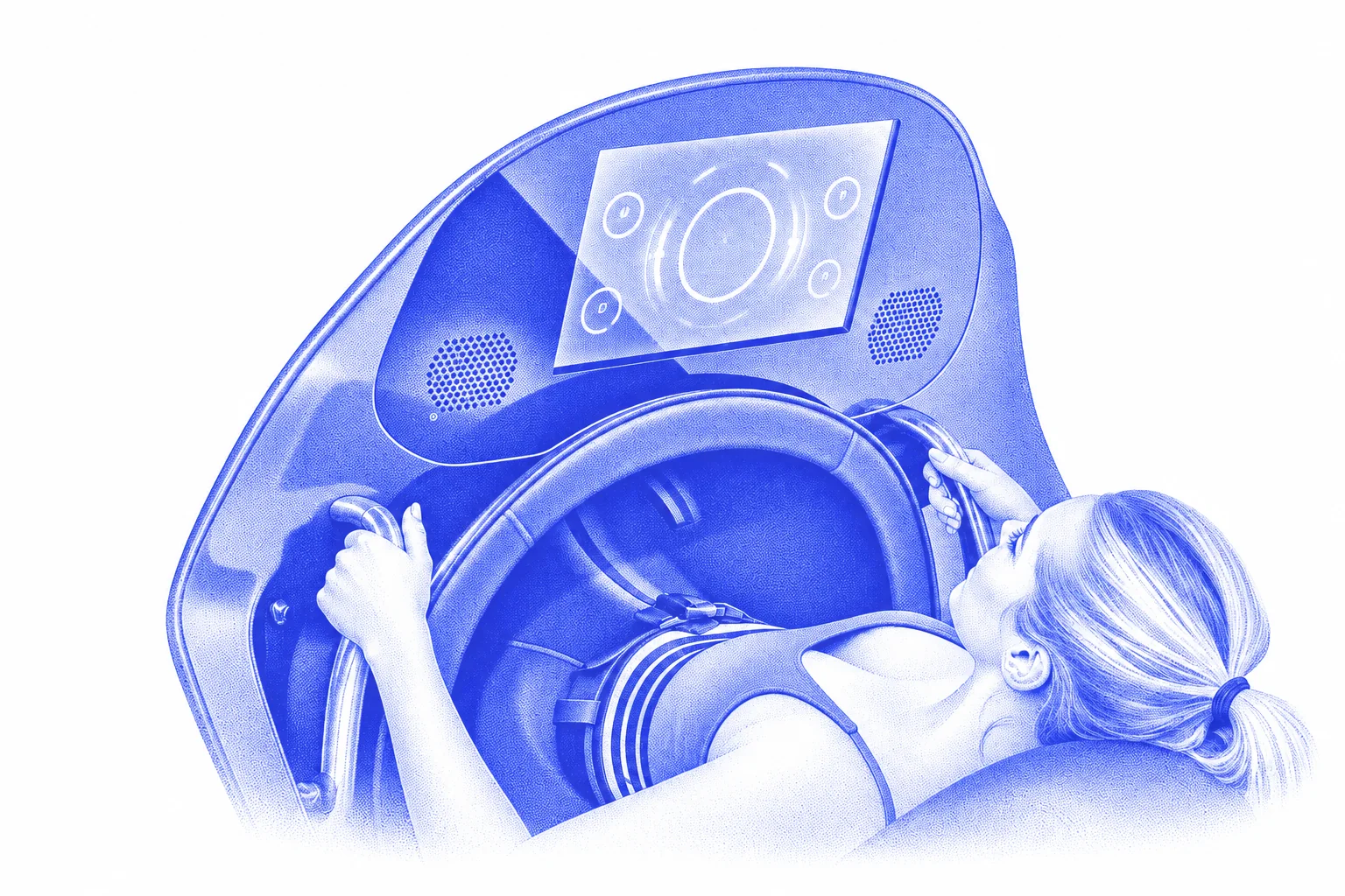 Illustration en trame bleue d’une séance Infrabike, d’après une photographie du centre